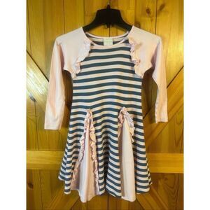 Lemon Loves Lime Girls Pink Blue Striped Ruffle Dress READ Size 7years (5807)